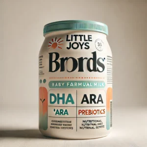 Eco-friendly packaging of Little Joys Bronds Baby Formula Milk featuring DHA, ARA, and prebiotics for infant nutrition.