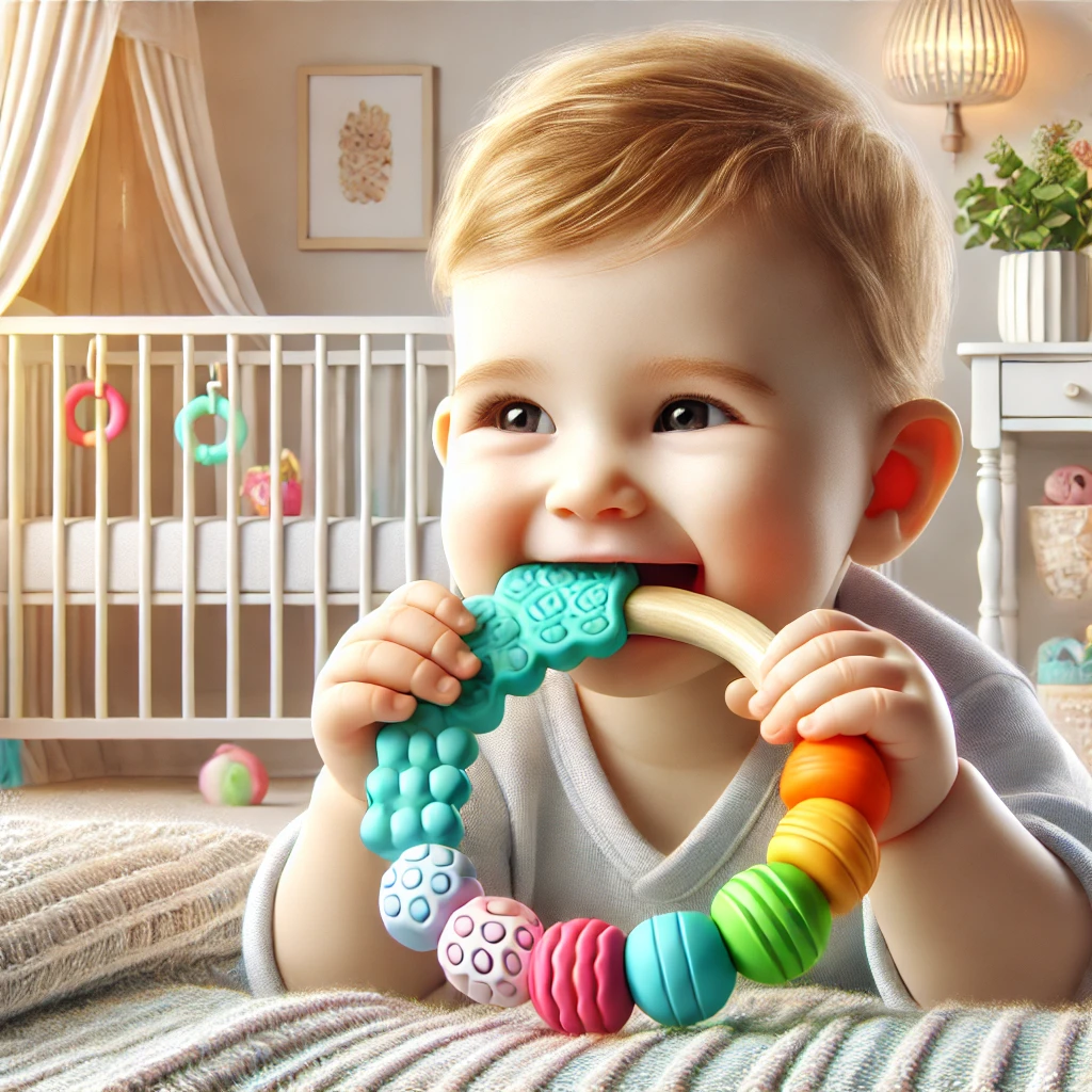 A cheerful baby chewing on a vibrant silicone teething toy in a bright nursery, highlighting a safe and effective teething solution