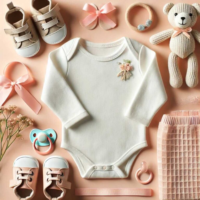 A cozy baby onesie laid out on a pastel background, surrounded by baby essentials like pacifiers, baby shoes, and a plush toy, creating a warm and inviting feel