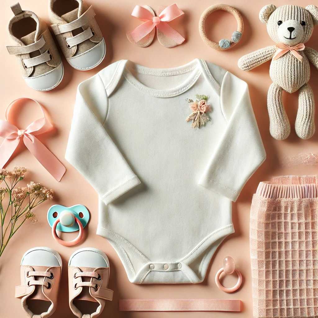 A cozy baby onesie laid out on a pastel background, surrounded by baby essentials like pacifiers, baby shoes, and a plush toy, creating a warm and inviting feel