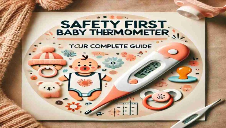 Featured image of the Safety First Baby Thermometer with baby essentials like a pacifier, baby blanket, and soft toys in a warm, pastel-toned background. The title 'Safety First Baby Thermometer: Your Complete Guide' is displayed in bold typography.
