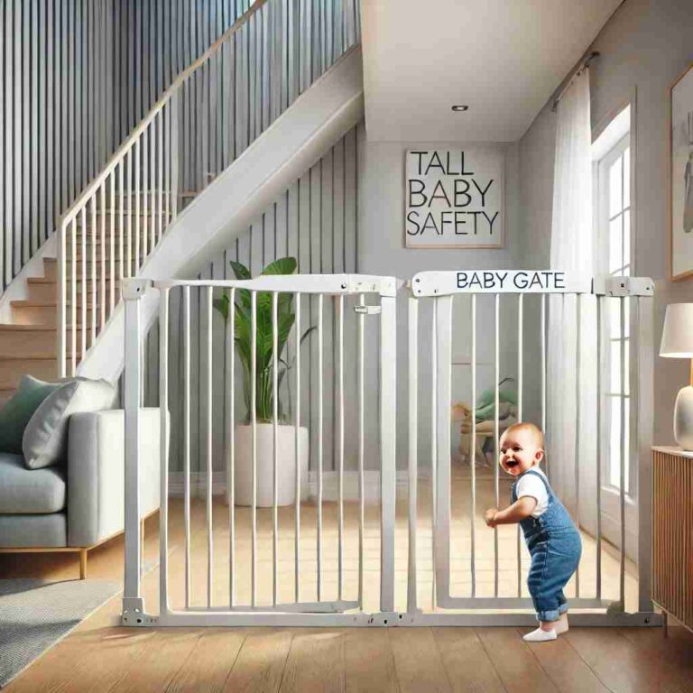 Modern tall baby gate installed in a doorway, preventing access to a staircase, with a happy baby playing safely on one side in a family-friendly home