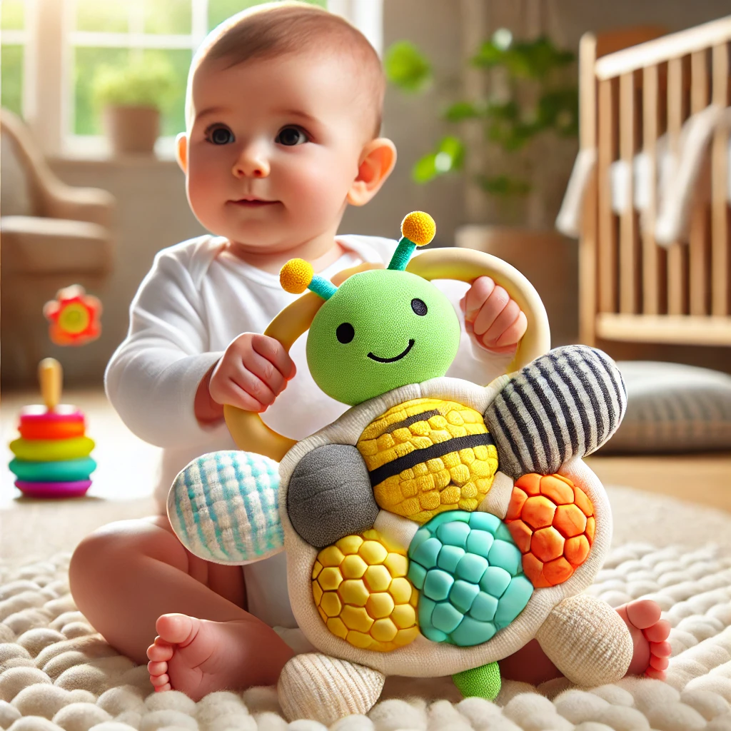 A baby sitting on a play mat, holding a colorful Turtle Bee teething toy with varied textures, perfect for soothing gums and aiding motor skill development.