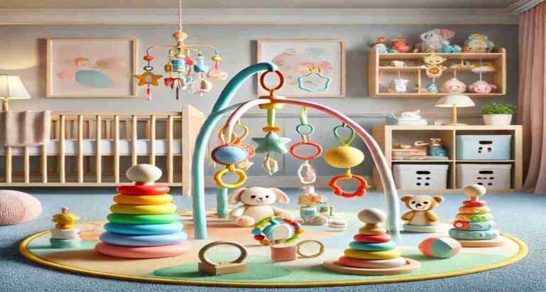 A vibrant baby play area featuring an activity mat, hanging toys, stacking cups, a shape sorter, and a teething ring, set in a cozy nursery with pastel walls, a crib, and shelves of baby essentials.