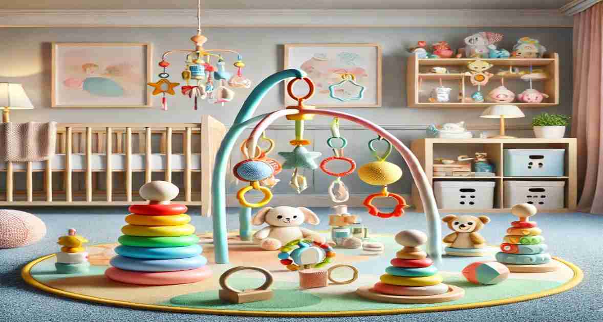 A vibrant baby play area featuring an activity mat, hanging toys, stacking cups, a shape sorter, and a teething ring, set in a cozy nursery with pastel walls, a crib, and shelves of baby essentials.