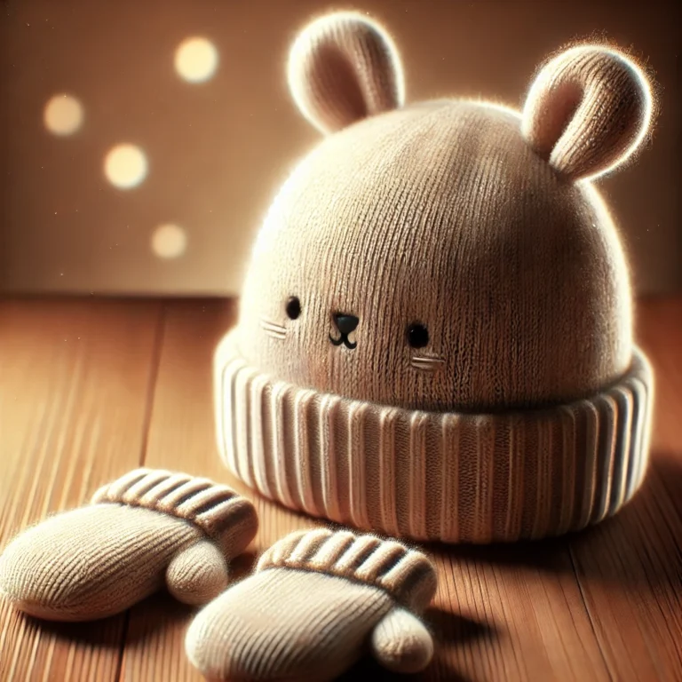 "Realistic image of a soft baby hat and mittens set on a wooden surface, designed for newborn warmth and comfort