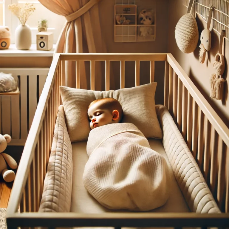 A cozy nursery with a sleeping baby in a soft, breathable sleep sack inside a wooden crib, surrounded by plush toys and baby essentials, ensuring warmth, comfort, and safety.