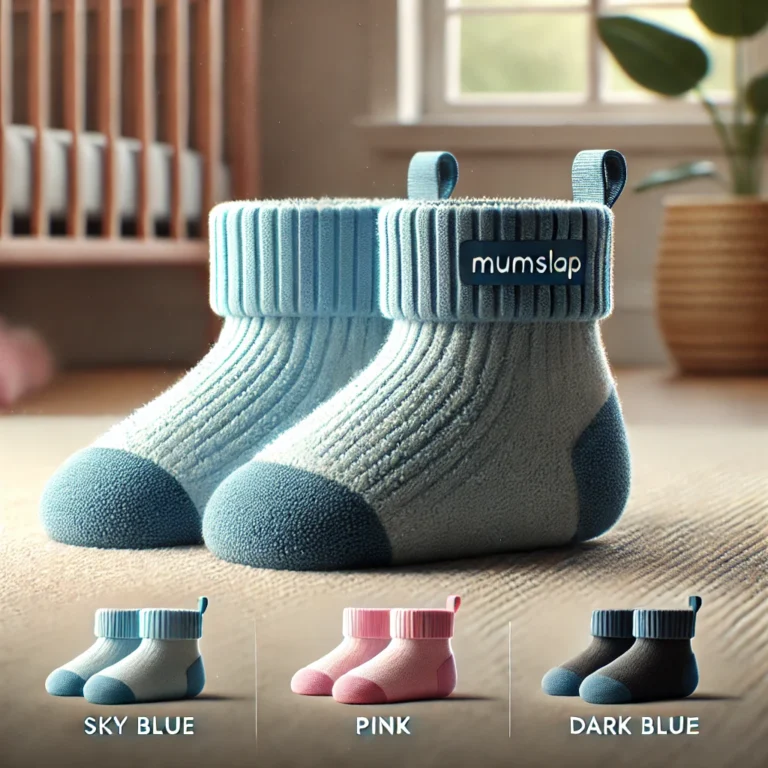 MumsLap sock shoes for babies in three colors (Sky Blue, Pink, and Dark Blue) with soft, thick cotton fabric and terry lining. The image highlights their breathable, stretchable fit and non-slip soles in a cozy nursery setting."