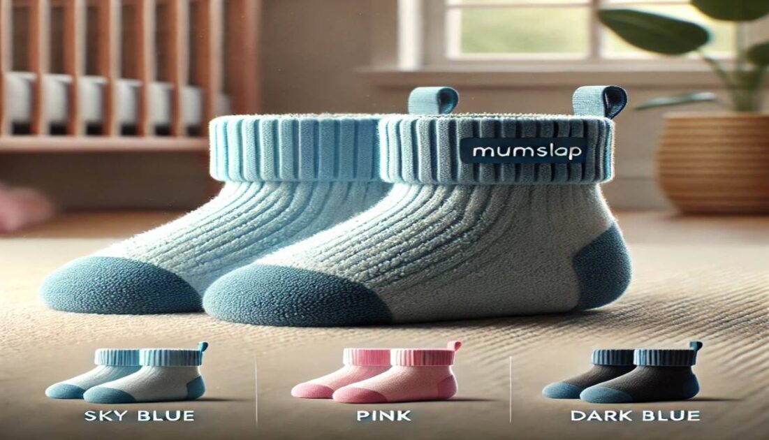 MumsLap sock shoes for babies in three colors (Sky Blue, Pink, and Dark Blue) with soft, thick cotton fabric and terry lining. The image highlights their breathable, stretchable fit and non-slip soles in a cozy nursery setting."