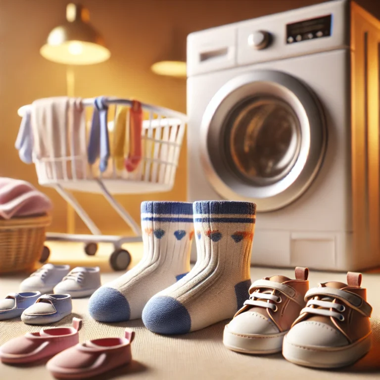 A realistic image of baby socks and shoes placed on a soft surface, featuring different colors and patterns. A washing machine is visible in the background, indicating they are machine washable.