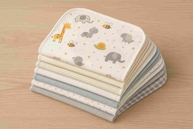 Stack of colorful burp cloths featuring soft cotton fabric, including an animal-printed cloth on top, arranged on a wooden surface.