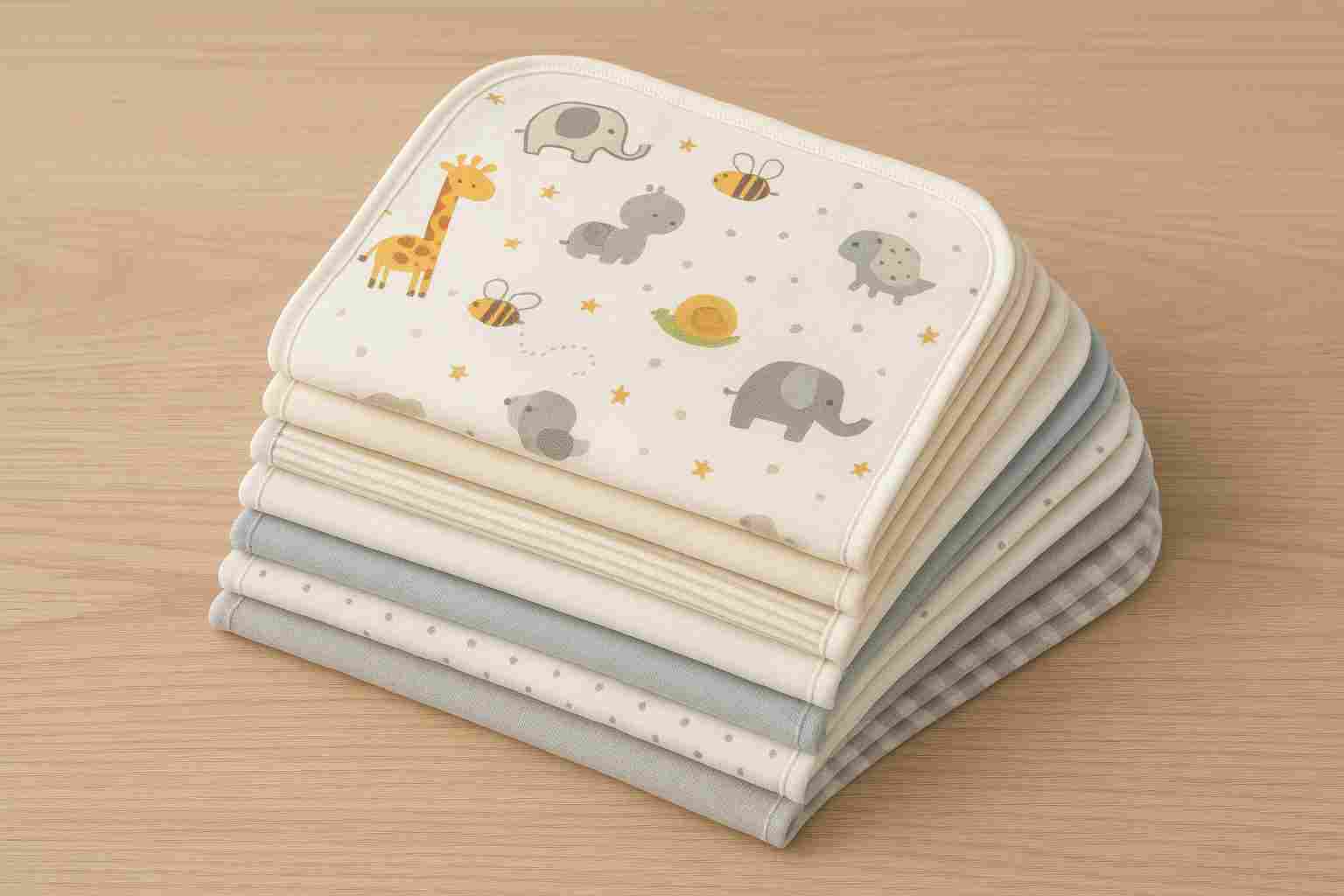 Stack of colorful burp cloths featuring soft cotton fabric, including an animal-printed cloth on top, arranged on a wooden surface.